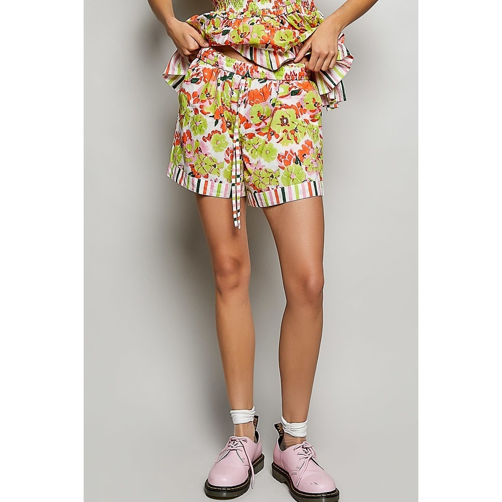 POL Drawstring Floral Shorts with Contrast Striped Trim - Lime Multi - Medium
